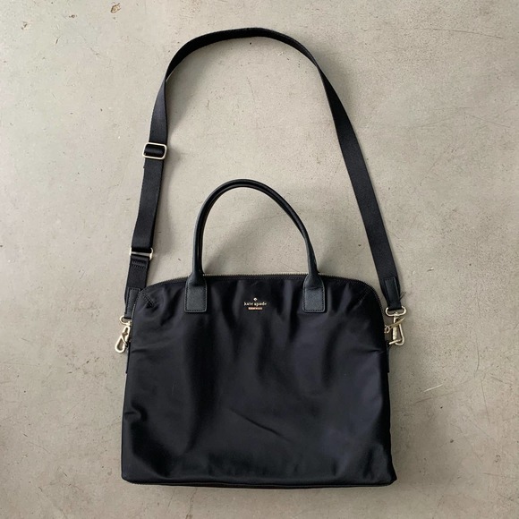 Kate Spade Laptop Messenger Bag Briefcase-Black-Nylon, Leather Trim, Striped - Picture 3 of 6